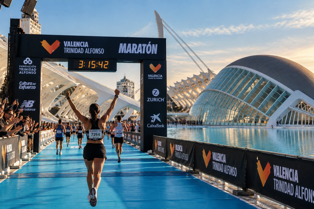 Meta del Maratón de Valencia en la pasarela sobre el agua de la Ciutat de les Arts