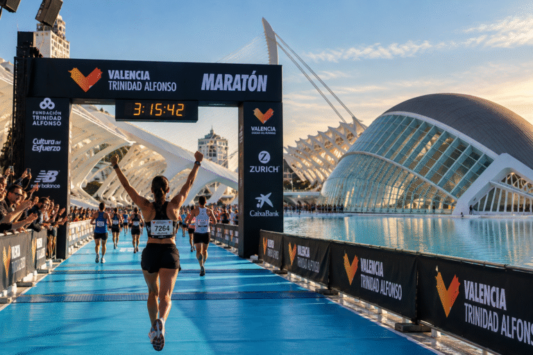 Meta del Maratón de Valencia en la pasarela sobre el agua de la Ciutat de les Arts